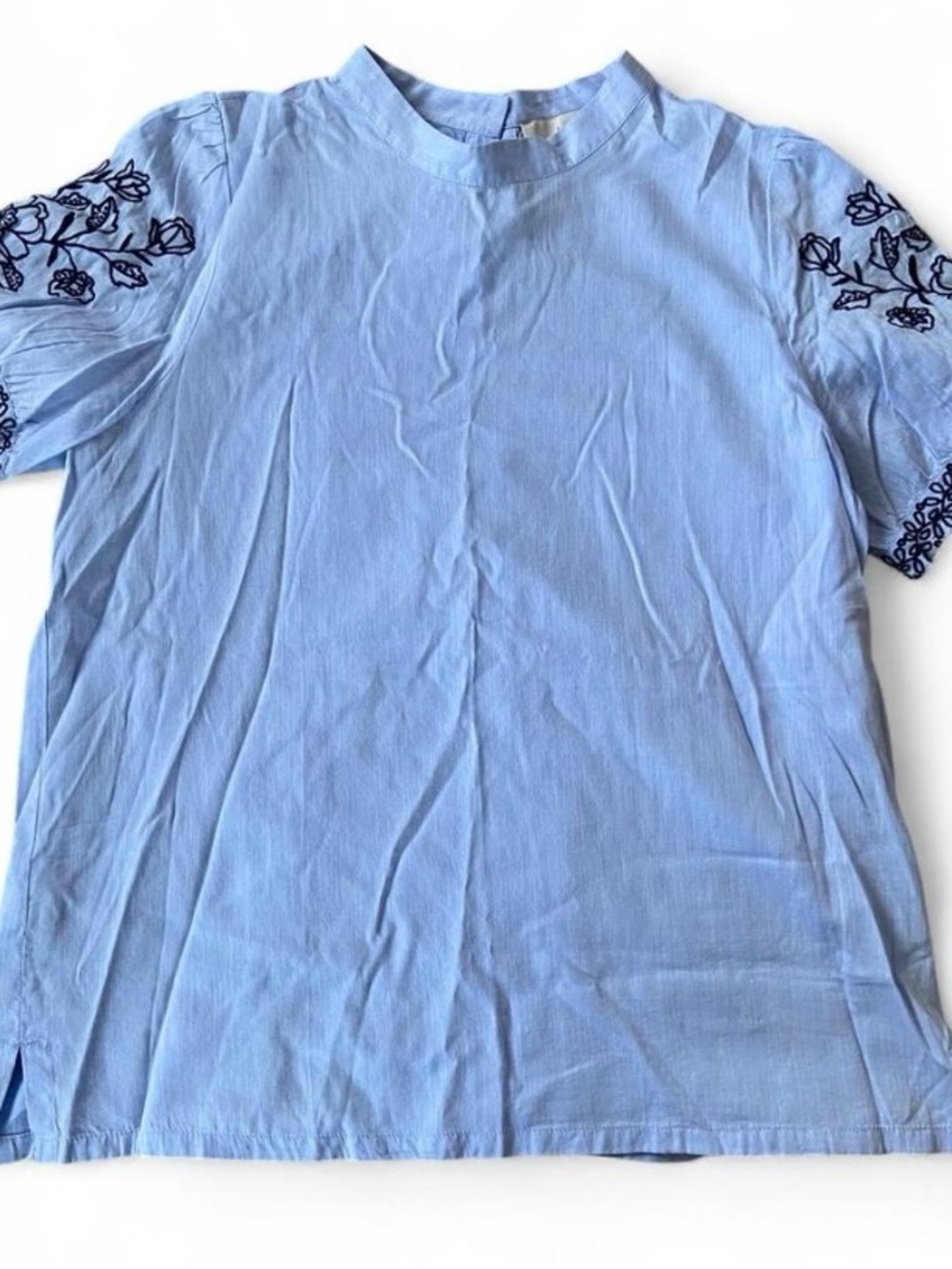 LOFT Light Blue Short-Sleeve Top with Navy Embroidered Sleeves